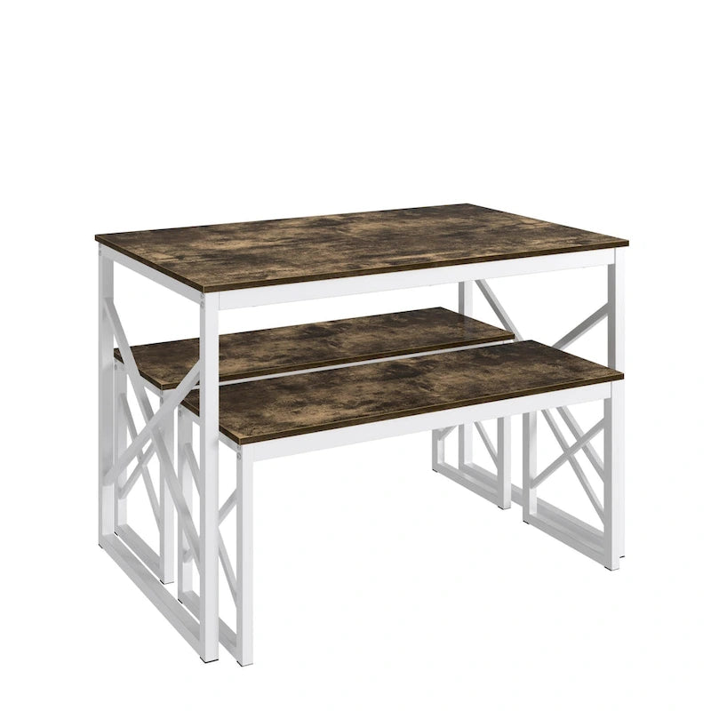 44.3 Dining Table with Benches Kitchen Table set for 4 Rectangular Dining Room Table Set with 2 Metal Wood Benches