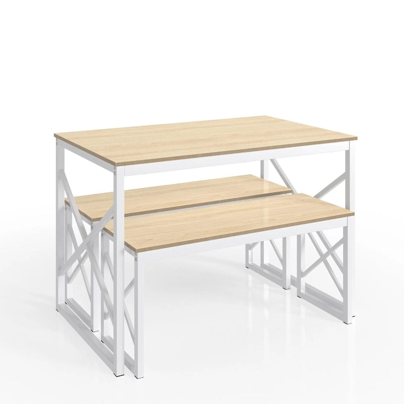44.3 Dining Table with Benches Kitchen Table set for 4 Rectangular Dining Room Table Set with 2 Metal Wood Benches