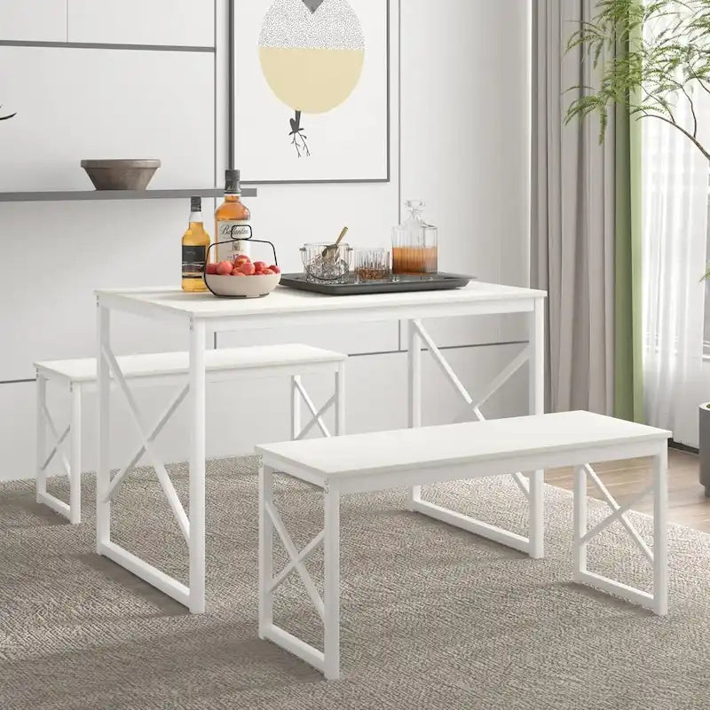 44.3 Dining Table with Benches Kitchen Table set for 4 Rectangular Dining Room Table Set with 2 Metal Wood Benches