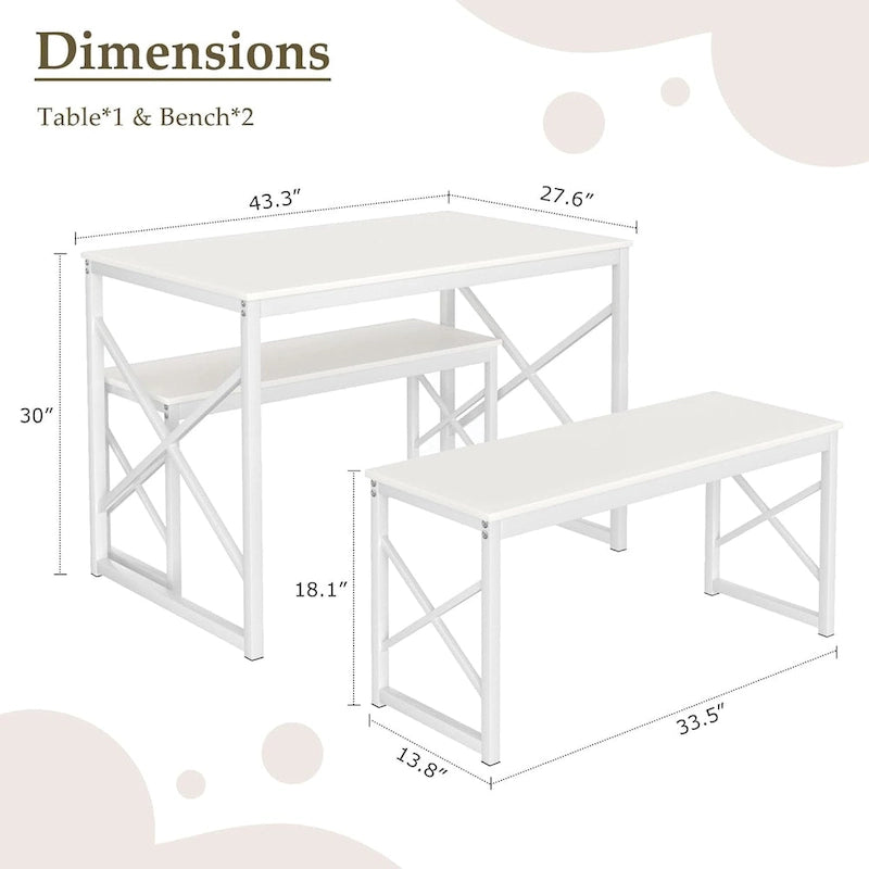 44.3 Dining Table with Benches Kitchen Table set for 4 Rectangular Dining Room Table Set with 2 Metal Wood Benches