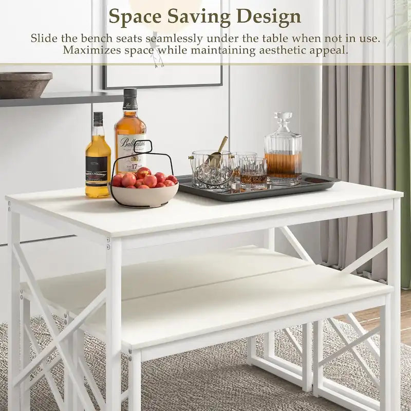 44.3 Dining Table with Benches Kitchen Table set for 4 Rectangular Dining Room Table Set with 2 Metal Wood Benches