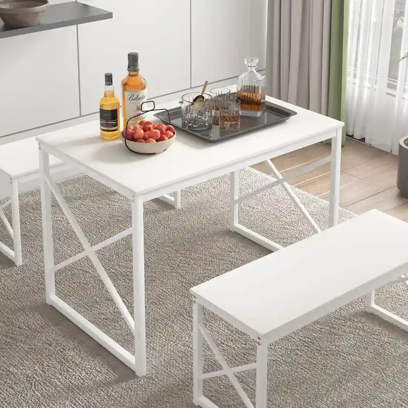 44.3 Dining Table with Benches Kitchen Table set for 4 Rectangular Dining Room Table Set with 2 Metal Wood Benches