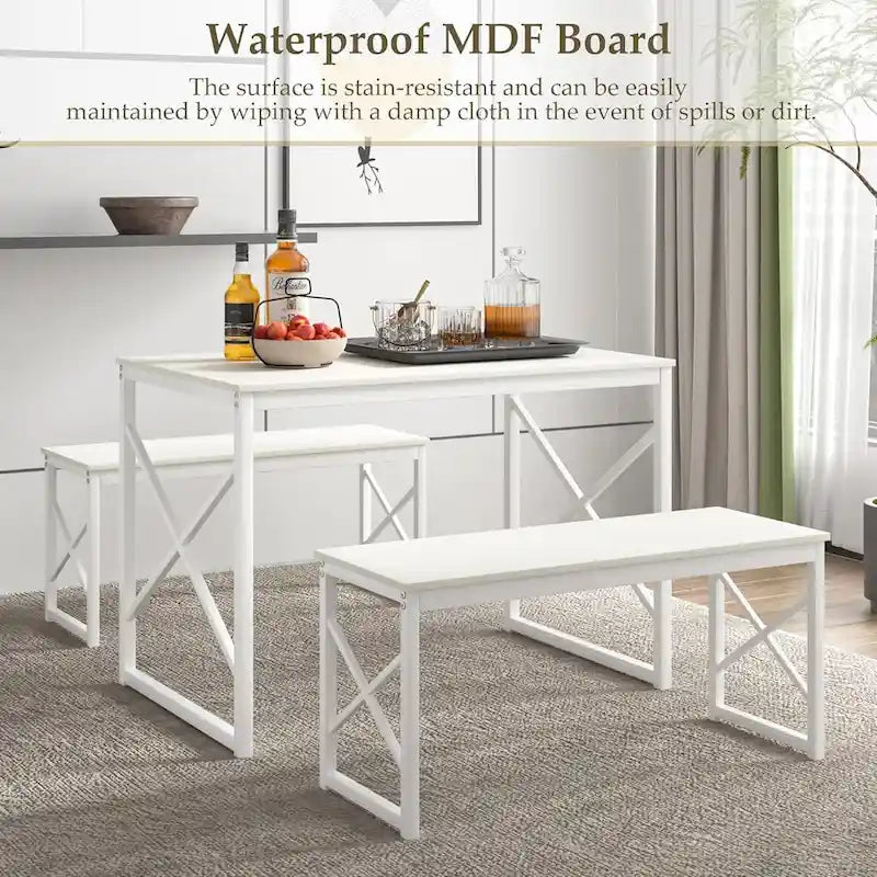 44.3 Dining Table with Benches Kitchen Table set for 4 Rectangular Dining Room Table Set with 2 Metal Wood Benches