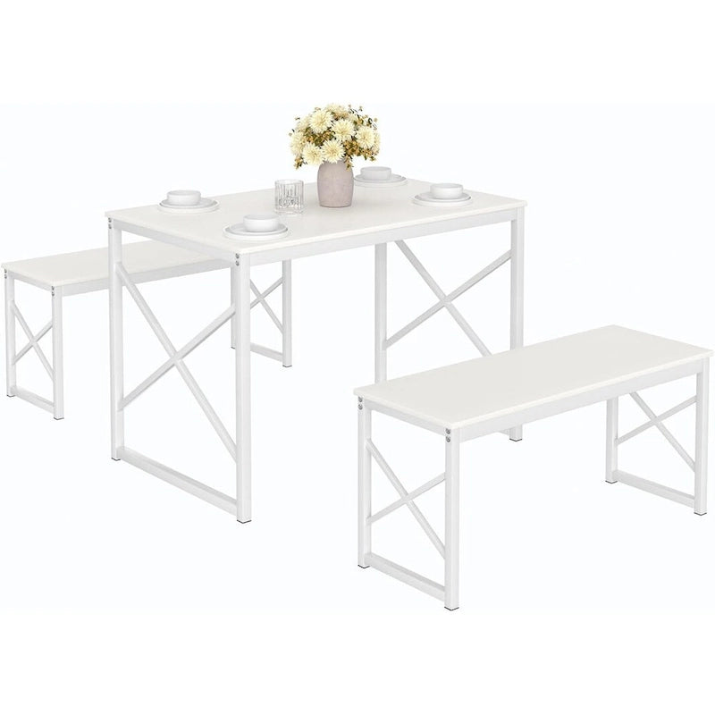 44.3 Dining Table with Benches Kitchen Table set for 4 Rectangular Dining Room Table Set with 2 Metal Wood Benches