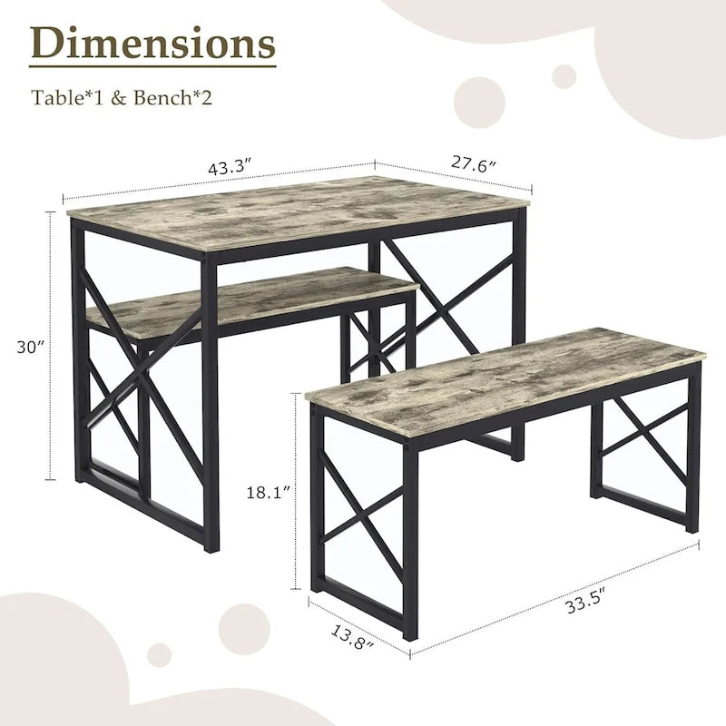 44.3 Dining Table with Benches Kitchen Table set for 4 Rectangular Dining Room Table Set with 2 Metal Wood Benches