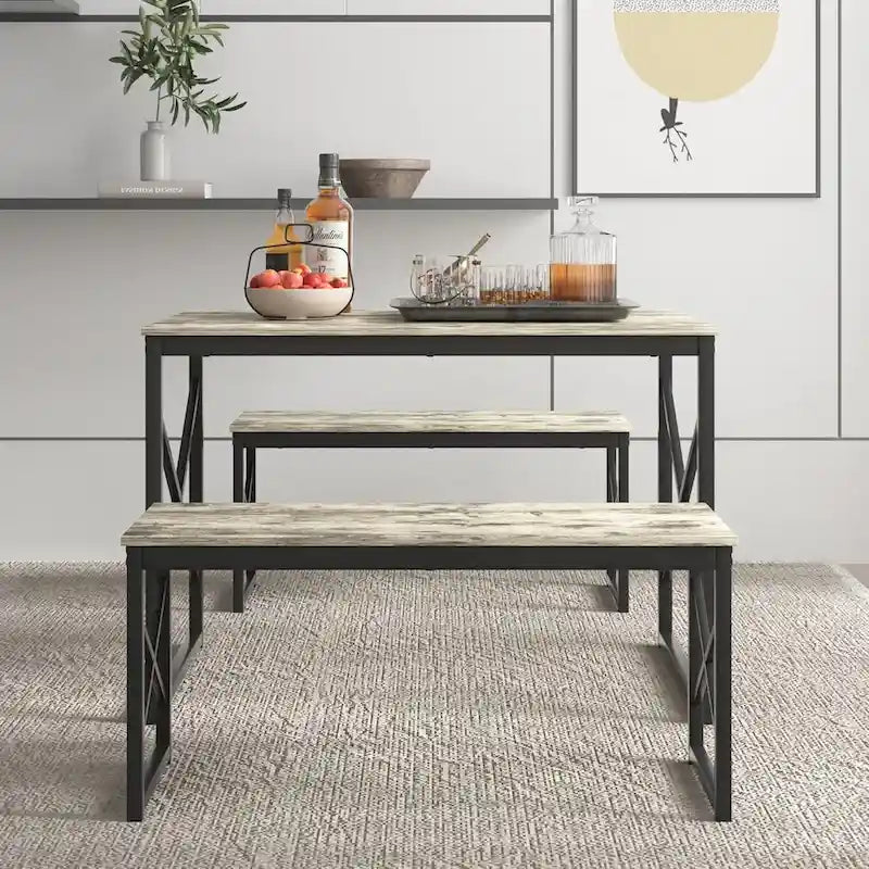 44.3 Dining Table with Benches Kitchen Table set for 4 Rectangular Dining Room Table Set with 2 Metal Wood Benches