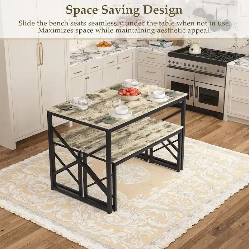 44.3 Dining Table with Benches Kitchen Table set for 4 Rectangular Dining Room Table Set with 2 Metal Wood Benches