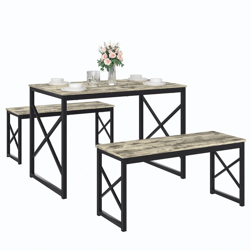44.3 Dining Table with Benches Kitchen Table set for 4 Rectangular Dining Room Table Set with 2 Metal Wood Benches
