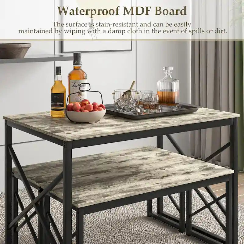 44.3 Dining Table with Benches Kitchen Table set for 4 Rectangular Dining Room Table Set with 2 Metal Wood Benches