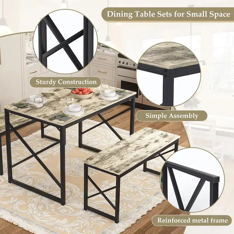 44.3 Dining Table with Benches Kitchen Table set for 4 Rectangular Dining Room Table Set with 2 Metal Wood Benches