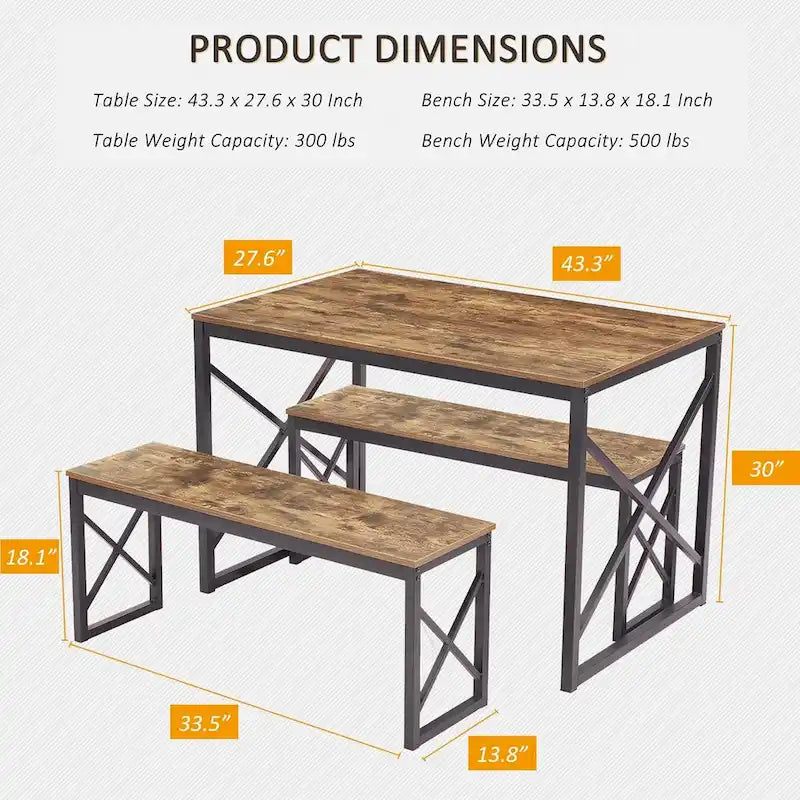 44.3 Dining Table with Benches Kitchen Table set for 4 Rectangular Dining Room Table Set with 2 Metal Wood Benches