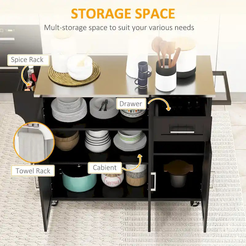 Rolling Kitchen Island Cart - Stainless Steel Top - 41.75W - with Storage