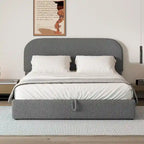 Lift Up Storage Platform Bed Frame, Teddy Fleece Low Profile Bed Hydraulic Storage System, Curved Headboard, Wood Panel Bed