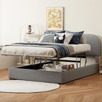 Lift Up Storage Platform Bed Frame, Teddy Fleece Low Profile Bed Hydraulic Storage System, Curved Headboard, Wood Panel Bed