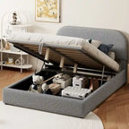 Lift Up Storage Platform Bed Frame, Teddy Fleece Low Profile Bed Hydraulic Storage System, Curved Headboard, Wood Panel Bed