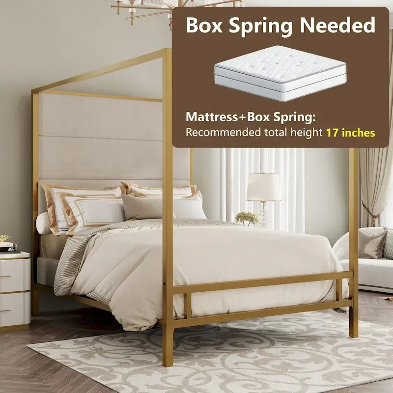 Modern Platform Canopy Bed with Wingback Upholstered Headboard and Metal 4-poster Bed Frame, Box Spring Needed Low Profile Bed