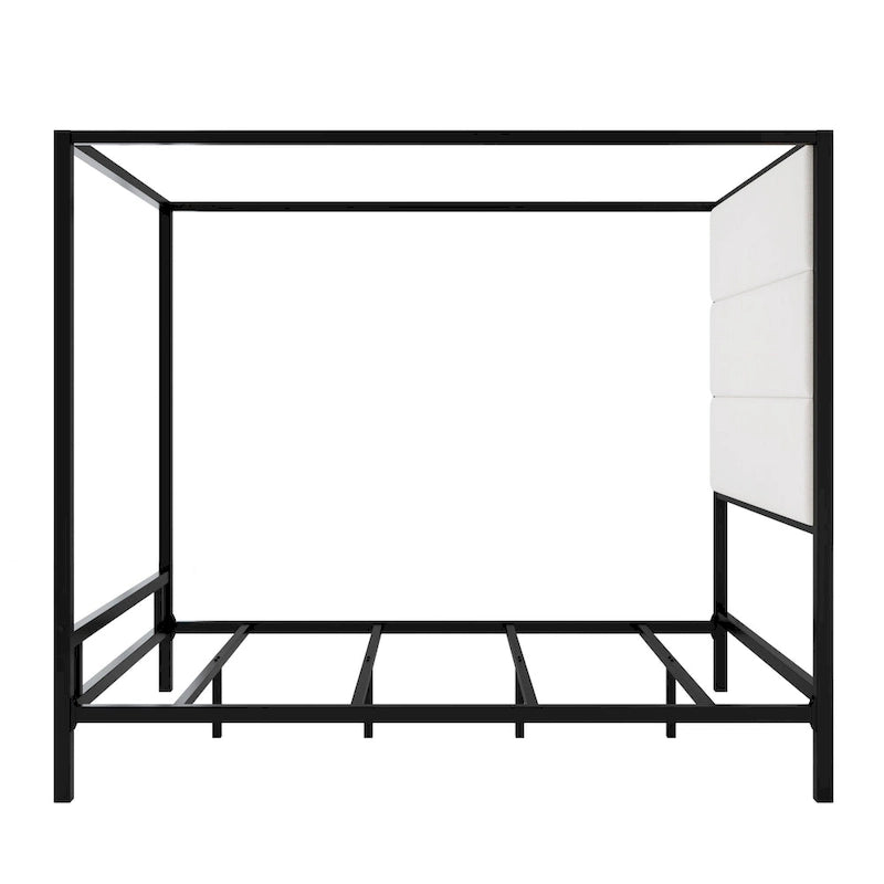 Modern Platform Canopy Bed with Wingback Upholstered Headboard and Metal 4-poster Bed Frame, Box Spring Needed Low Profile Bed