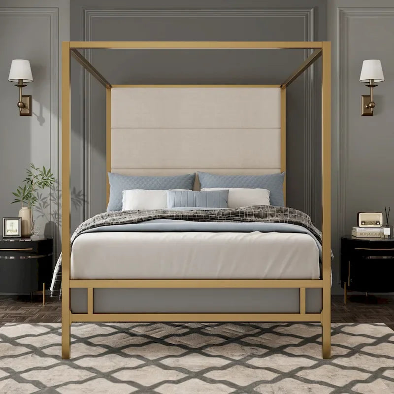 Modern Platform Canopy Bed with Wingback Upholstered Headboard and Metal 4-poster Bed Frame, Box Spring Needed Low Profile Bed