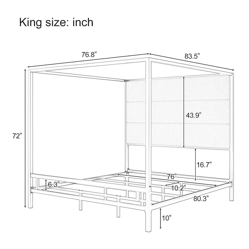 Modern Platform Canopy Bed with Wingback Upholstered Headboard and Metal 4-poster Bed Frame, Box Spring Needed Low Profile Bed
