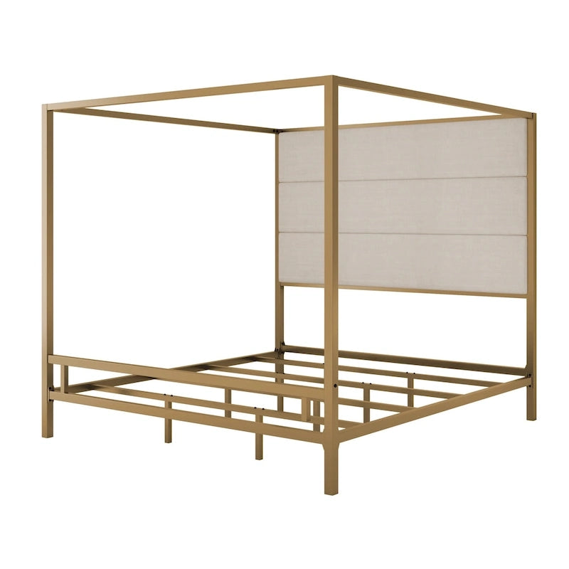 Modern Platform Canopy Bed with Wingback Upholstered Headboard and Metal 4-poster Bed Frame, Box Spring Needed Low Profile Bed