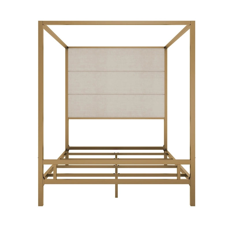 Modern Platform Canopy Bed with Wingback Upholstered Headboard and Metal 4-poster Bed Frame, Box Spring Needed Low Profile Bed