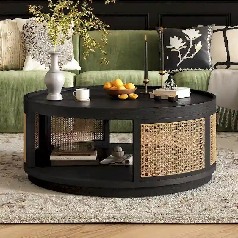 Round Wood Coffee Table - PE Rattan Sides - Storage Shelf - 36.8"