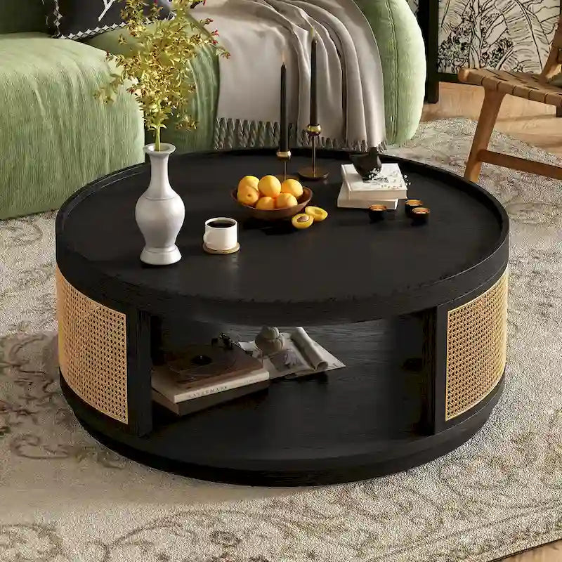 Round Wood Coffee Table - PE Rattan Sides - Storage Shelf - 36.8"