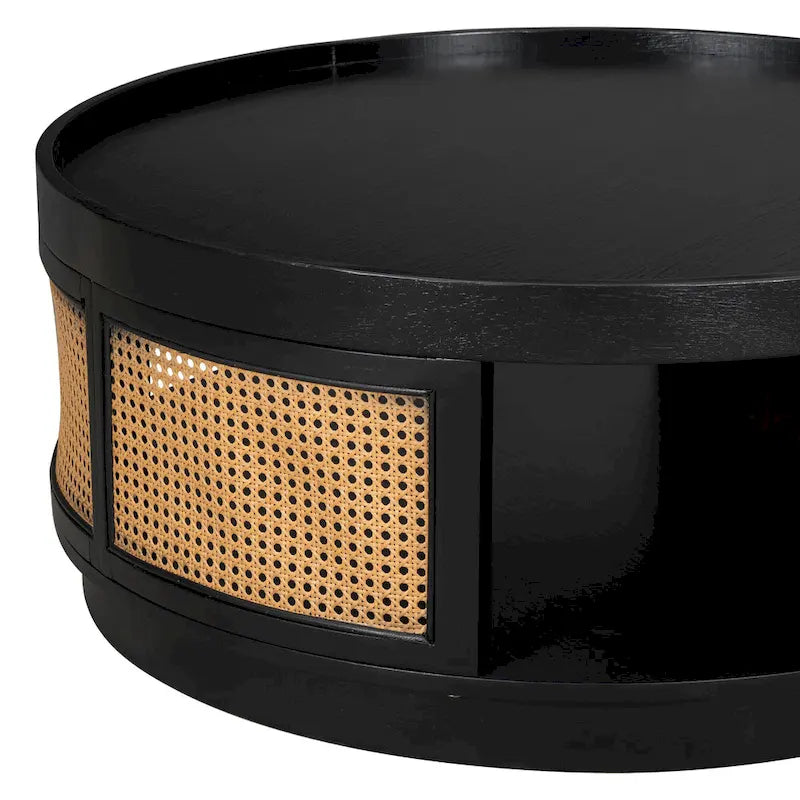 Round Wood Coffee Table - PE Rattan Sides - Storage Shelf - 36.8"