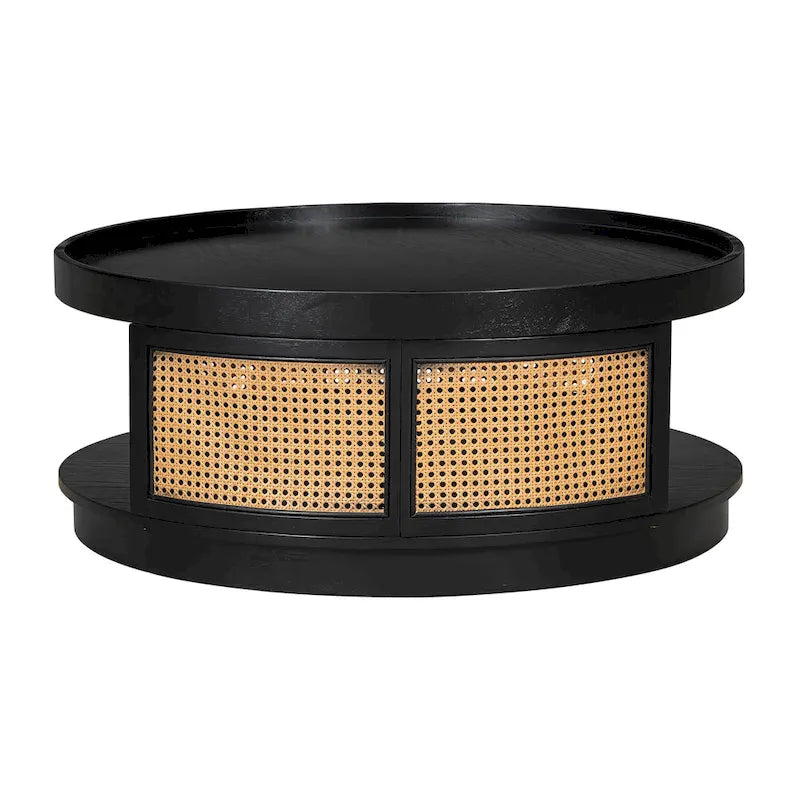 Round Wood Coffee Table - PE Rattan Sides - Storage Shelf - 36.8