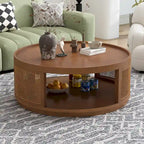 Round Wood Coffee Table - PE Rattan Sides - Storage Shelf - 36.8