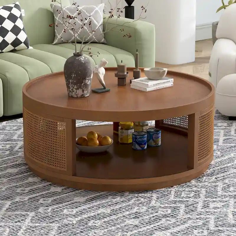 Round Wood Coffee Table - PE Rattan Sides - Storage Shelf - 36.8