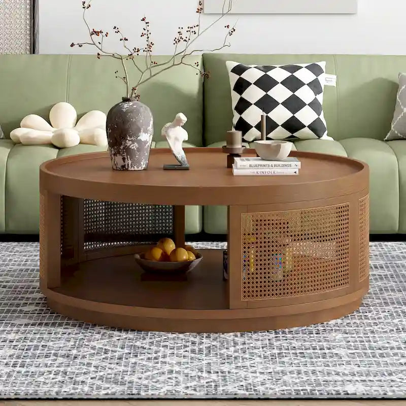 Round Wood Coffee Table - PE Rattan Sides - Storage Shelf - 36.8