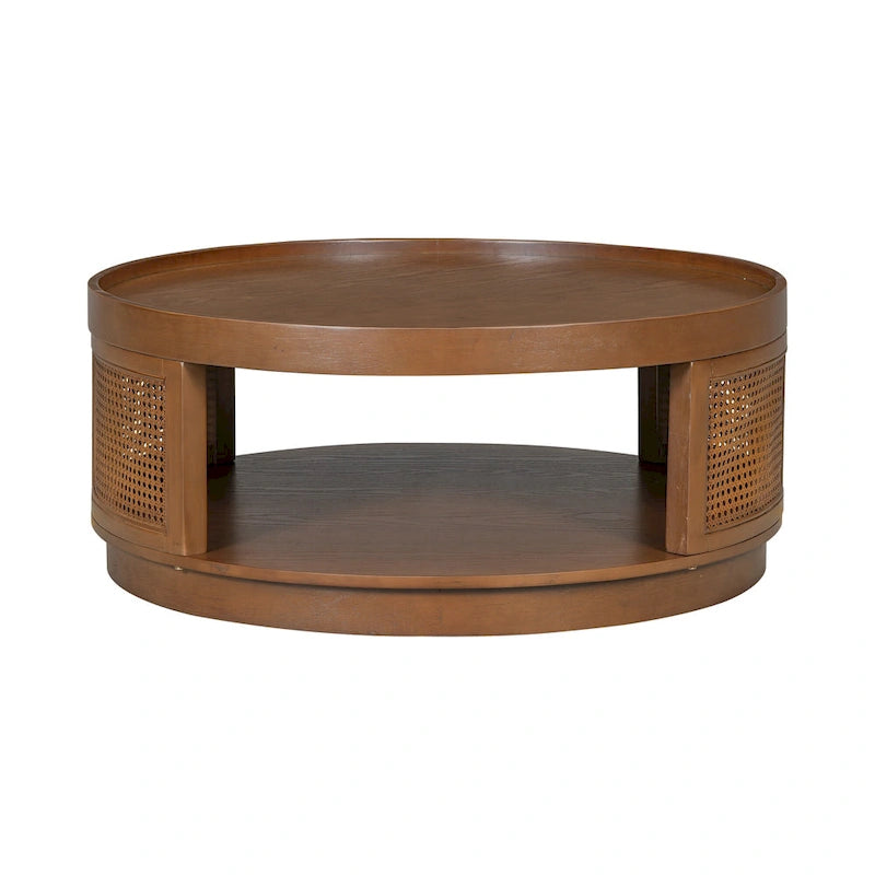 Round Wood Coffee Table - PE Rattan Sides - Storage Shelf - 36.8
