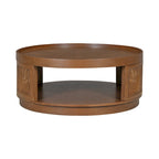 Round Wood Coffee Table - PE Rattan Sides - Storage Shelf - 36.8