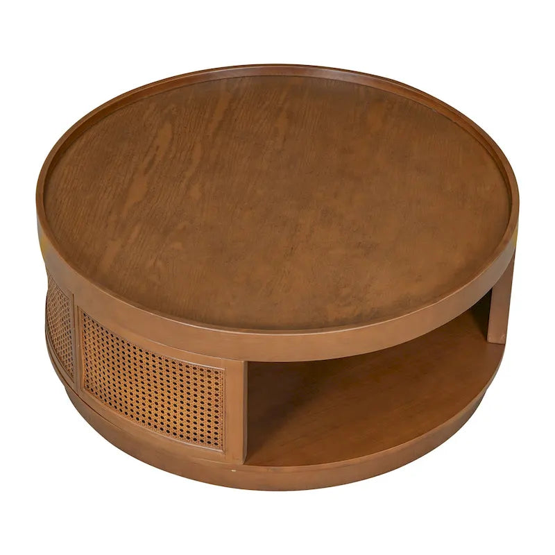Round Wood Coffee Table - PE Rattan Sides - Storage Shelf - 36.8
