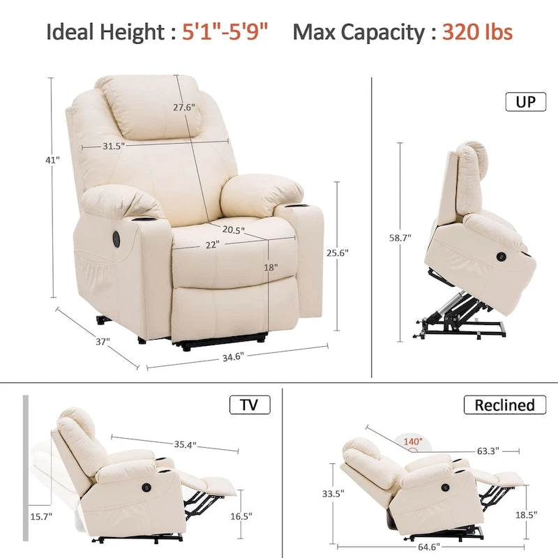 MCombo Electric Power Lift Recliner Chair Sofa with Massage and Heat, 3 Positions, USB Ports, Faux Leather 7040