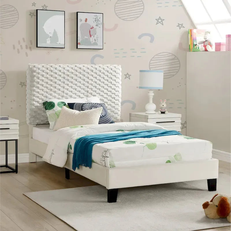 Twin Size Platform Bed with Adjustable Headboard And withe Dove Luxury Fabric