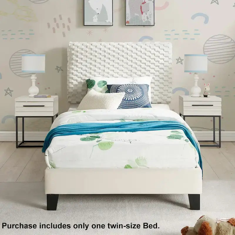 Twin Size Platform Bed with Adjustable Headboard And withe Dove Luxury Fabric