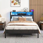 Full Size Metal Platform Bed with Storage Headboard and Charger