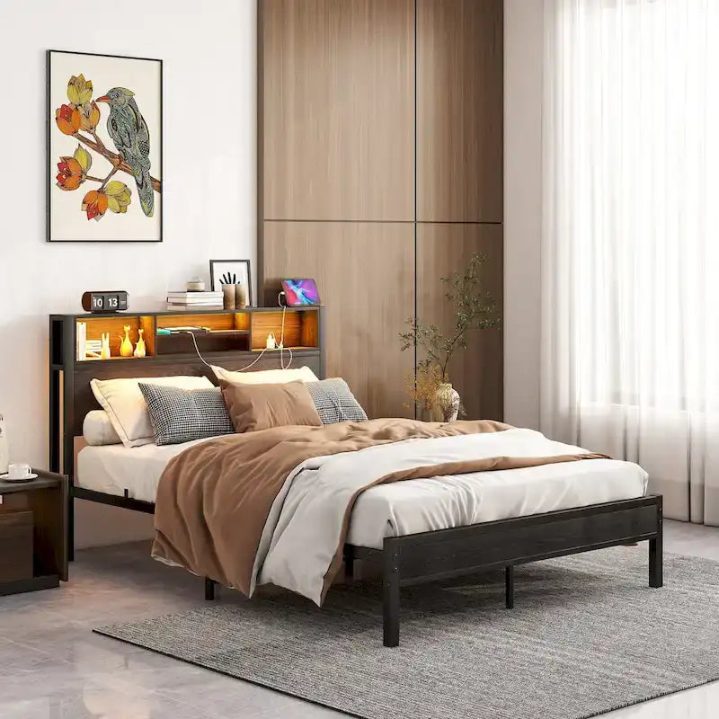 Full Size Metal Platform Bed with Storage Headboard and Charger