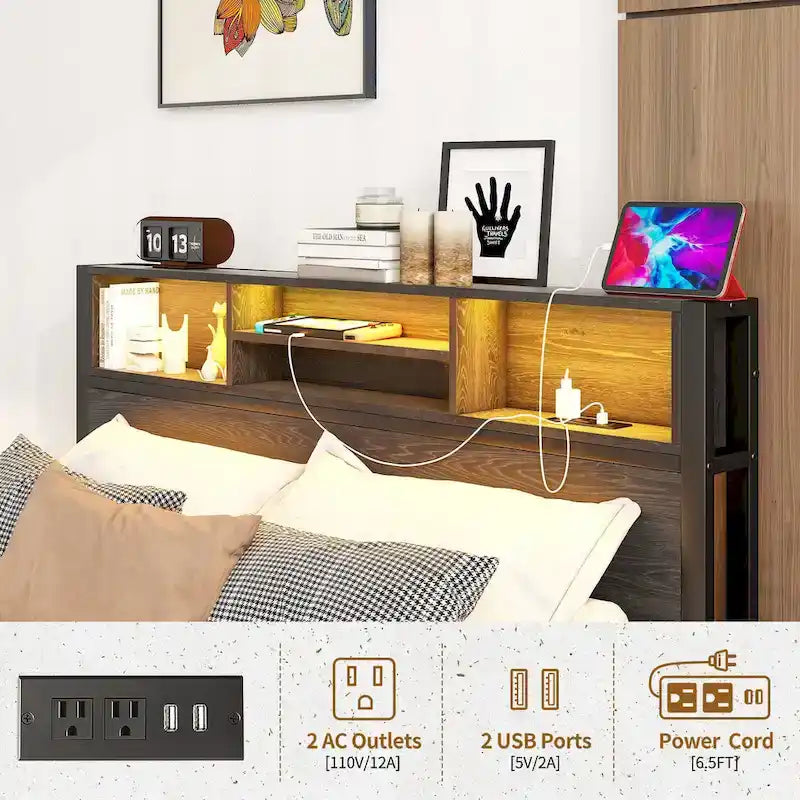 Full Size Metal Platform Bed with Storage Headboard and Charger