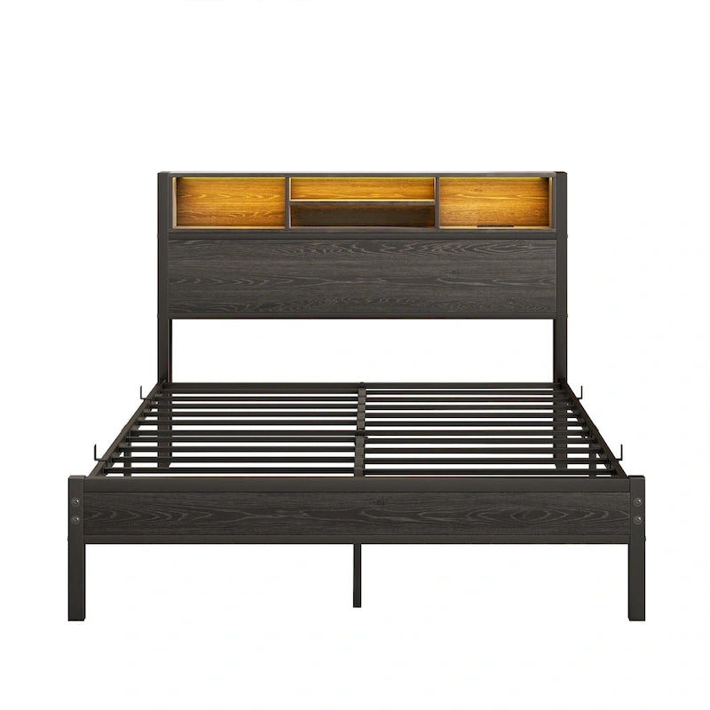 Full Size Metal Platform Bed with Storage Headboard and Charger