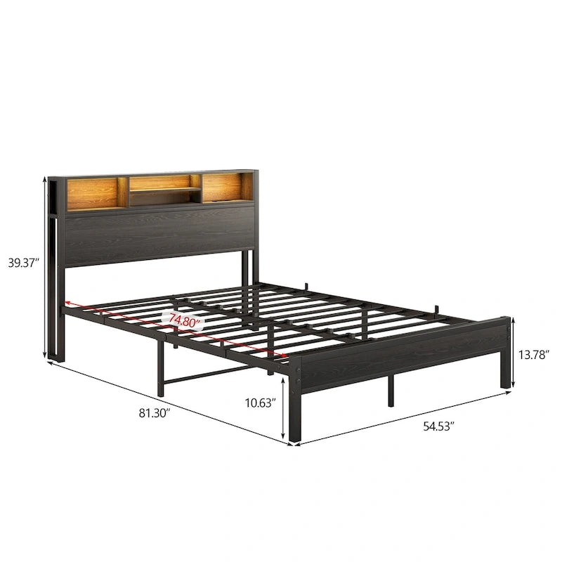 Full Size Metal Platform Bed with Storage Headboard and Charger