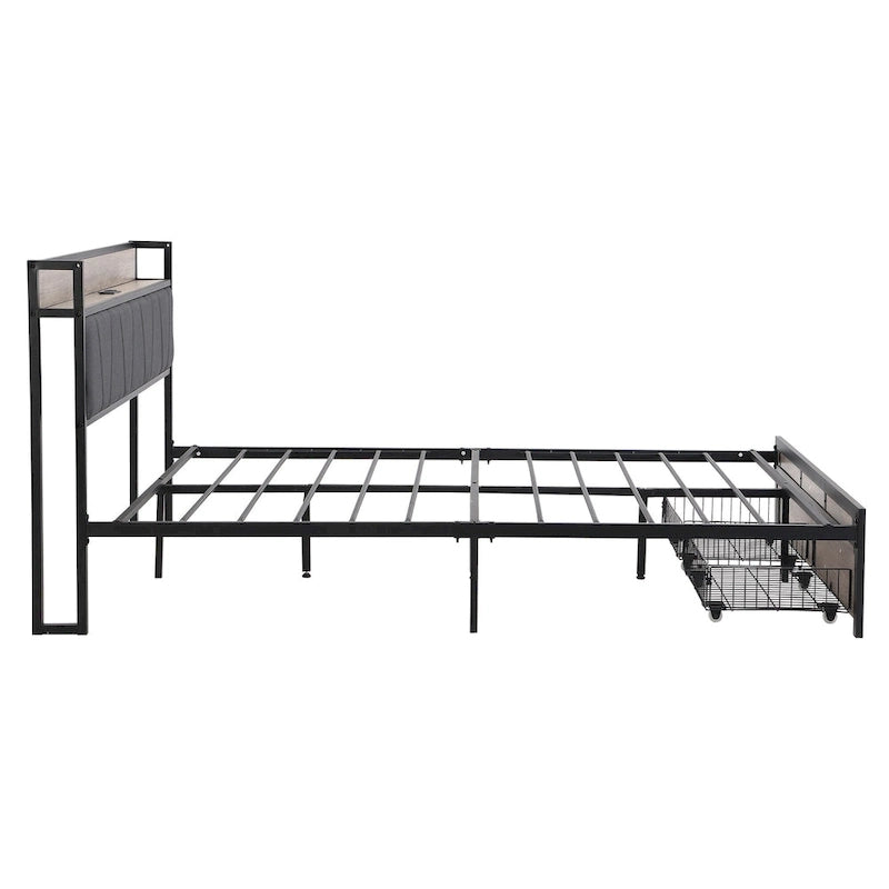Metal Platform Bed with Drawers and Storage Headboard