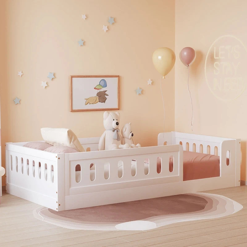 White Twin Platform Bed - Pine Wood - Semi-Enclosed Guardrail