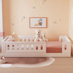 White Twin Platform Bed - Pine Wood - Semi-Enclosed Guardrail