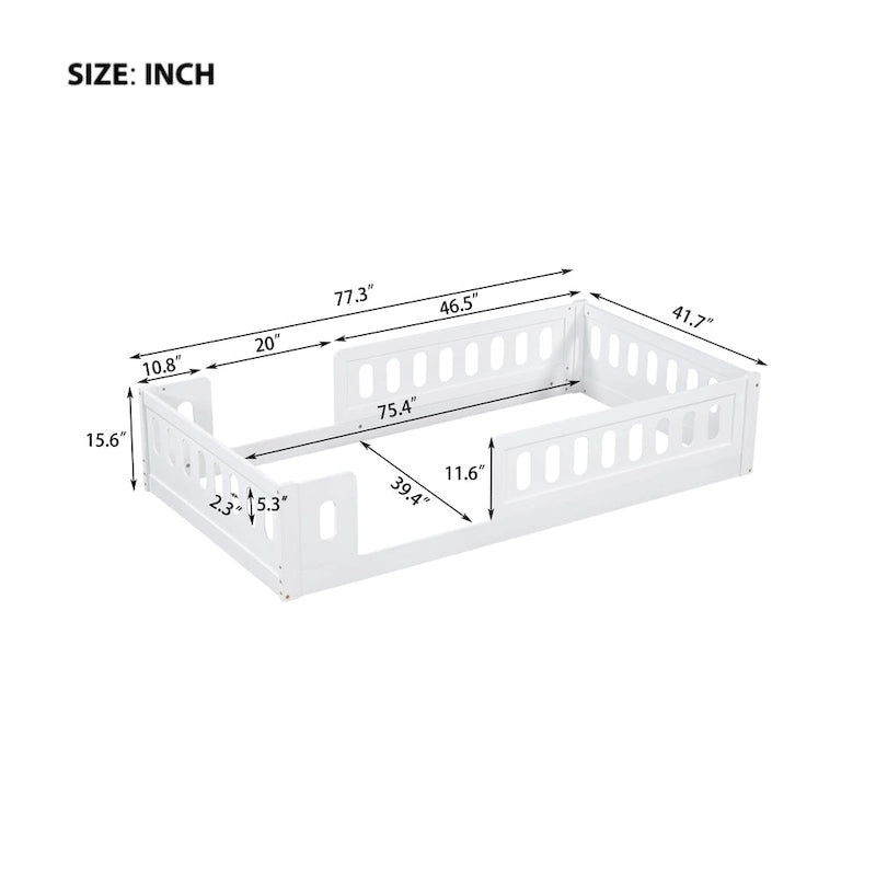 White Twin Platform Bed - Pine Wood - Semi-Enclosed Guardrail