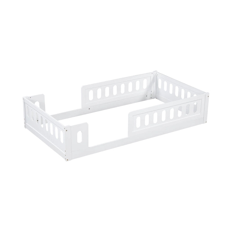 White Twin Platform Bed - Pine Wood - Semi-Enclosed Guardrail