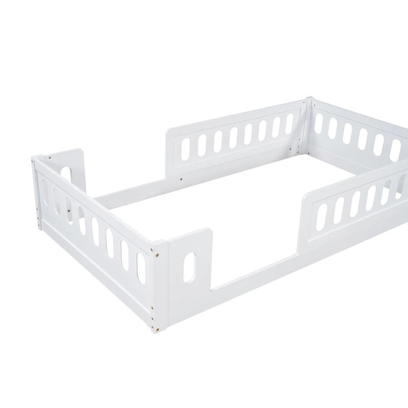 White Twin Platform Bed - Pine Wood - Semi-Enclosed Guardrail