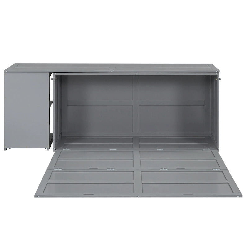 Grey Queen Murphy Bed with Rotating Desk and Shelves - Pine Wood and MDF Space-Saving Design
